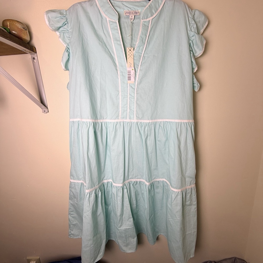 NEW She Sky Prairie Cottage Dress 1X Blue Flutter Sleeve V Neck MIDI Layered